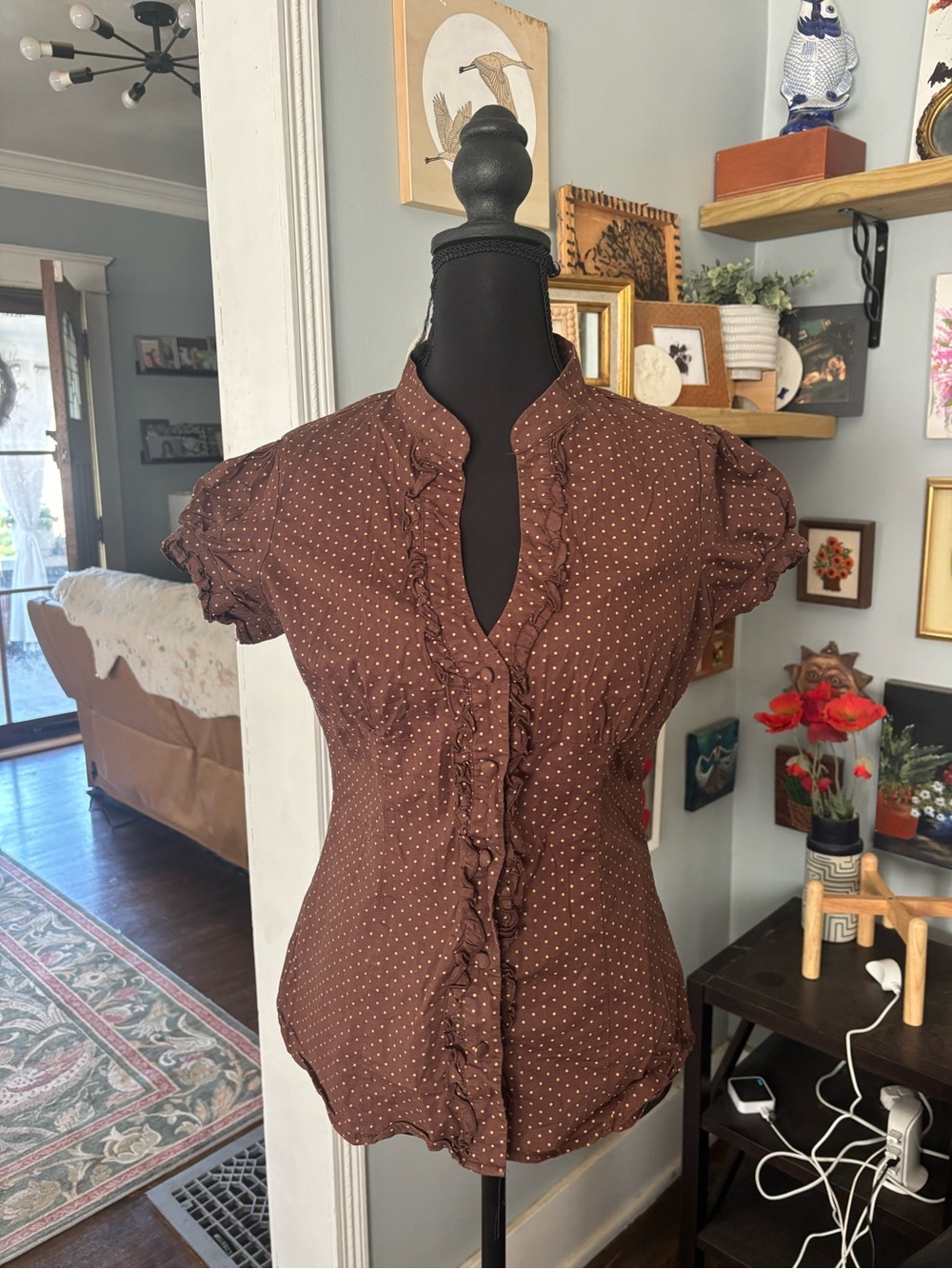 Y2K Rue 21 brown polka dot blouse button front chic preppy size L